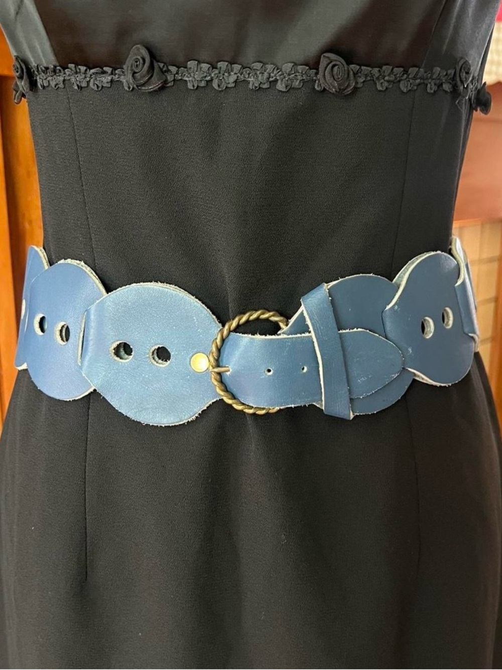Vintage Blue leather button shaped funky belt with gold hardware